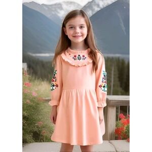 Girl's Long Sleeve Embroidered Dress PEACH Color SZ: 5T NWT